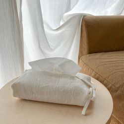 リボンで結べるリネンのティッシュカバー（ホワイト） 2枚目の画像