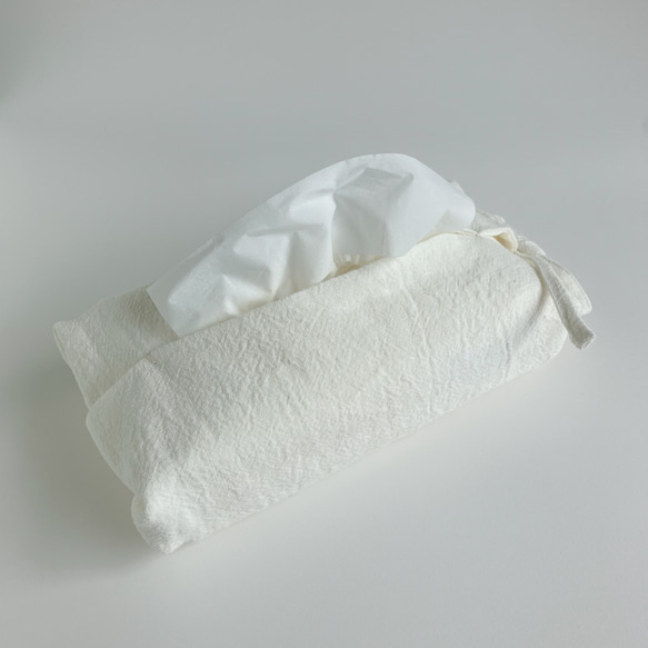 リボンで結べるリネンのティッシュカバー（ホワイト） 5枚目の画像