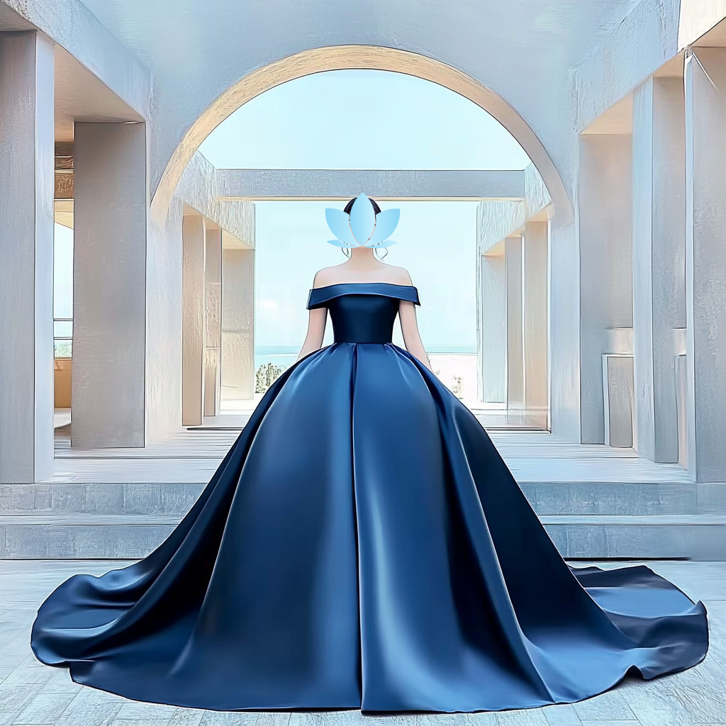 洗練ネイビーカラードレス　オフショルダー　高級サテン　プリンセス　トレーン　結婚式　前撮り　二次会　結婚式 披露宴