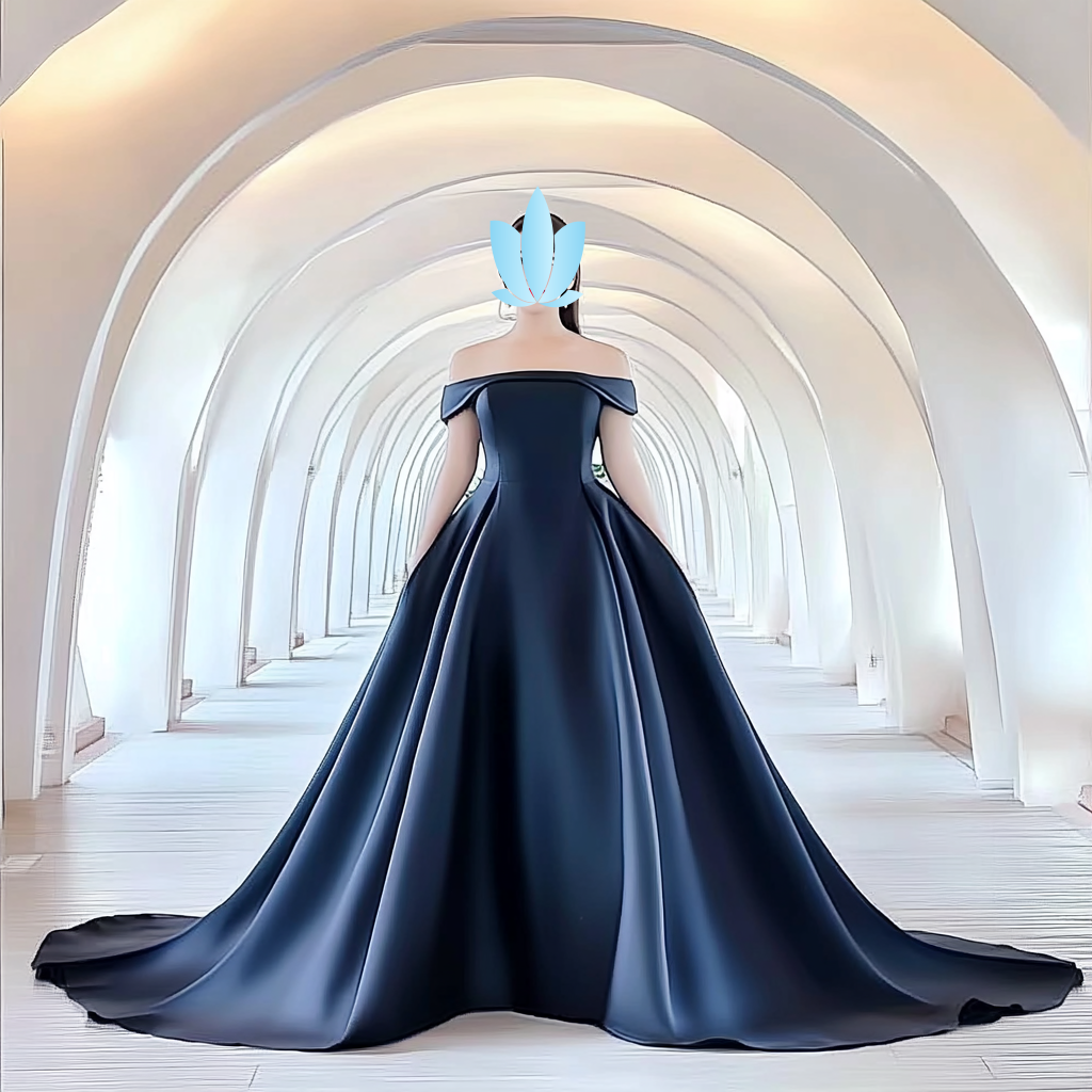 洗練ネイビーカラードレス　オフショルダー　高級サテン　トレーン　結婚式　前撮り　二次会　結婚式 披露宴