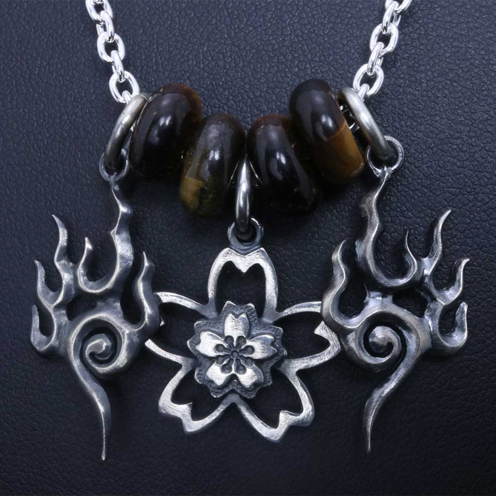 ペンダント ネックレス メンズ :  桜 迦楼羅炎ペンダント （L＆R） タイガーアイビーズ 4個セット  燻し仕上げ