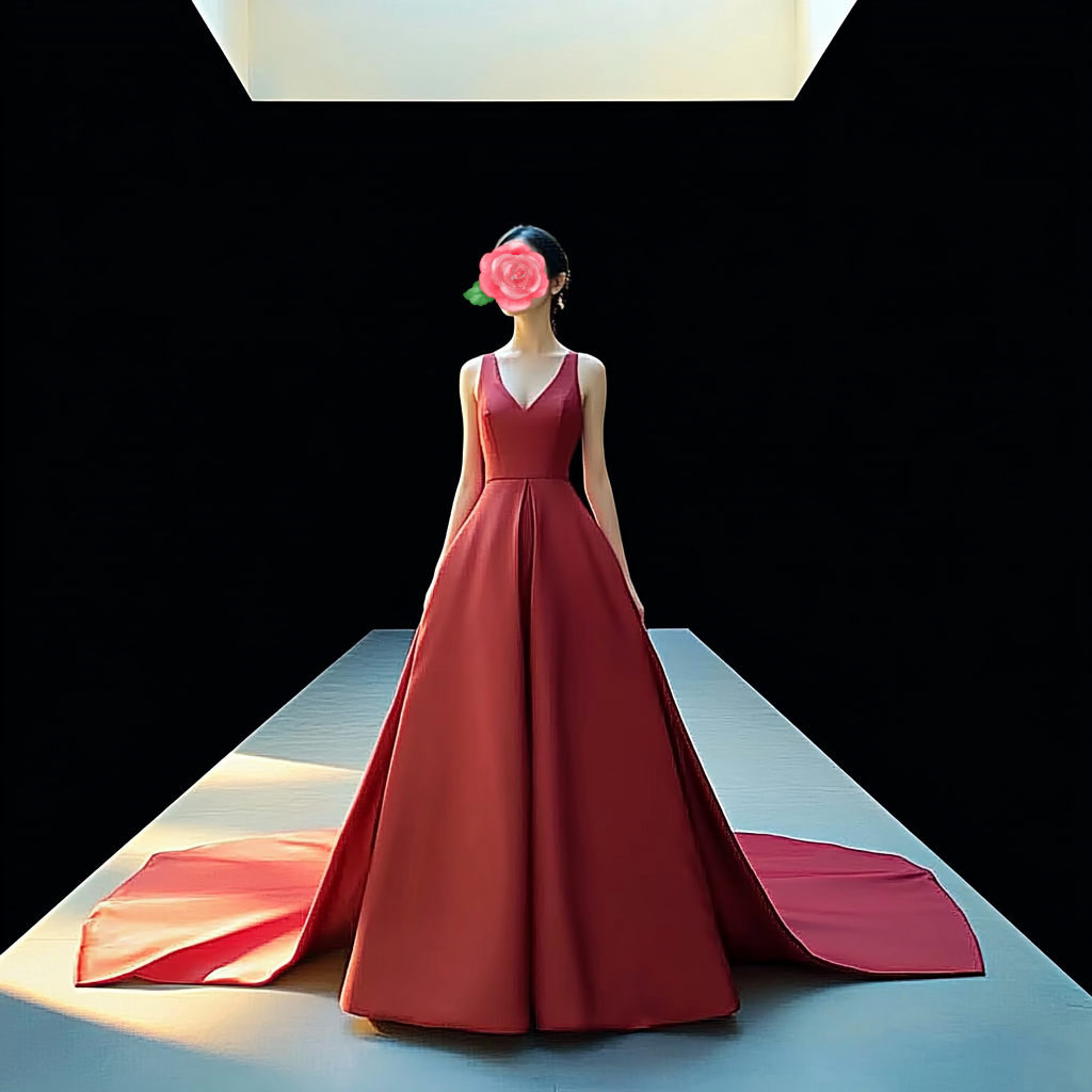 赤いカラードレス　高級サテン　ケープ風トレーン　Vネック　結婚式　前撮り　二次会　結婚式 披露宴