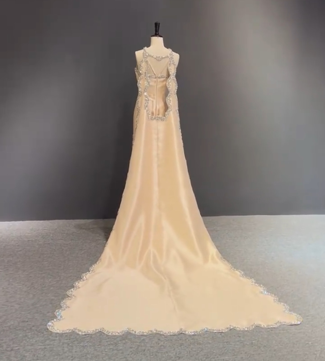 激売れ人気商品　袖無し　トレーン　肌色　光沢サテン　たっぷりビジュー　高級感　パーティードレス　エレガント　スレンダー