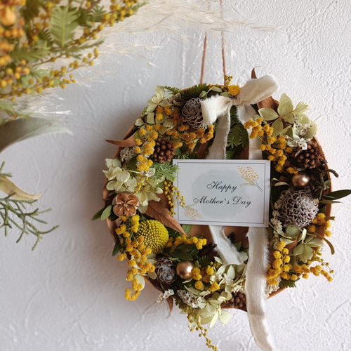 超早割ミモザと紫陽花のドライフラワーリースアレンジメント母の日2025