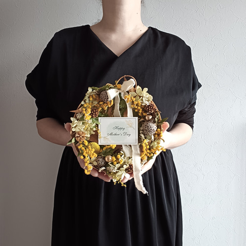 超早割ミモザと紫陽花のドライフラワーリースアレンジメント母の日2025