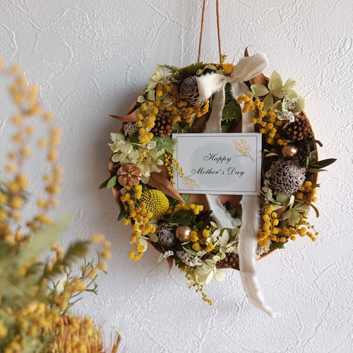 超早割ミモザと紫陽花のドライフラワーリースアレンジメント母の日2025