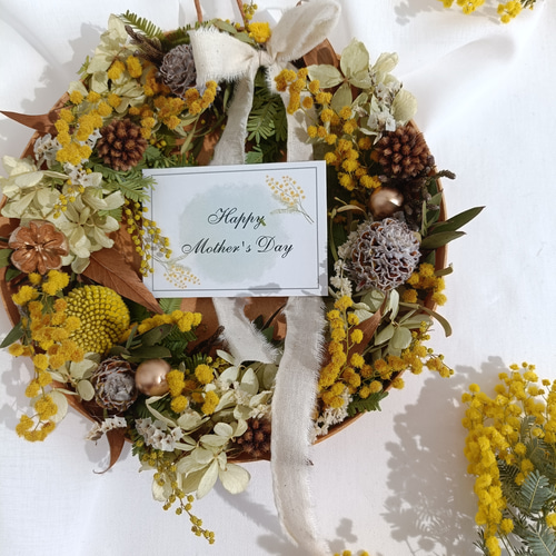 超早割ミモザと紫陽花のドライフラワーリースアレンジメント母の日2025