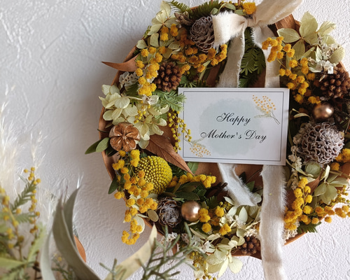 超早割ミモザと紫陽花のドライフラワーリースアレンジメント母の日2025