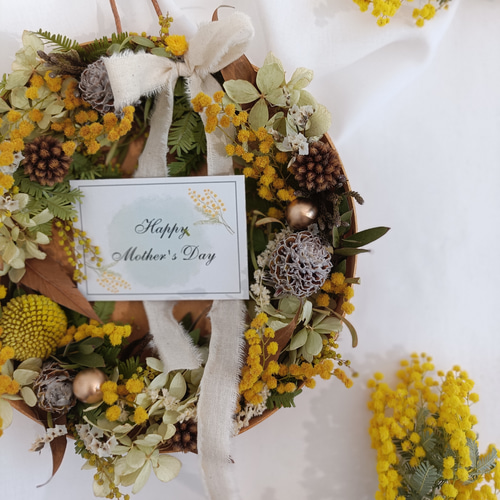 超早割ミモザと紫陽花のドライフラワーリースアレンジメント母の日2025