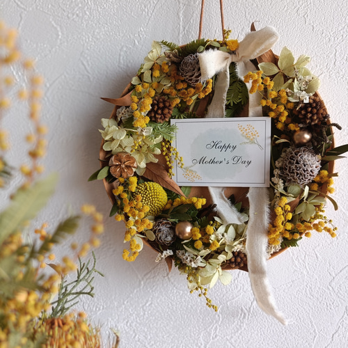 超早割ミモザと紫陽花のドライフラワーリースアレンジメント母の日2025