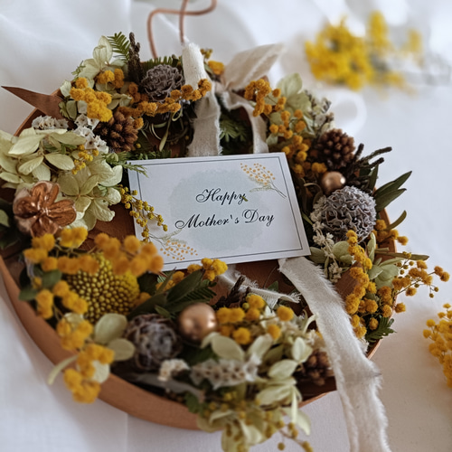 超早割ミモザと紫陽花のドライフラワーリースアレンジメント母の日2025