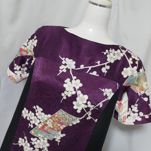 着物リメイク＊紫の小紋と黒の羽織反物でドルマン袖ワンピース