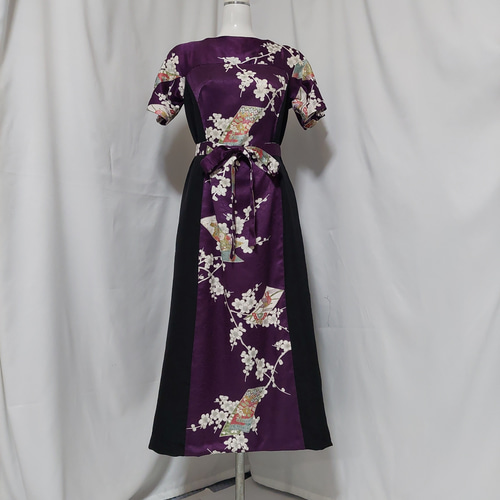 着物リメイク＊紫の小紋と黒の羽織反物でドルマン袖ワンピース
