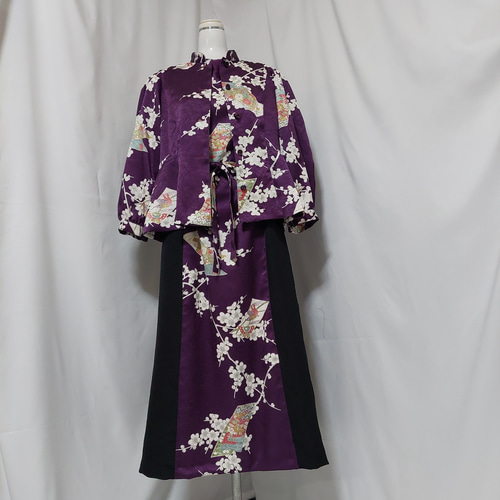 着物リメイク＊紫の小紋と黒の羽織反物でドルマン袖ワンピース