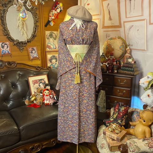 着物 リメイク ロング ワンピース ドレス 洗える 化繊 名古屋帯
