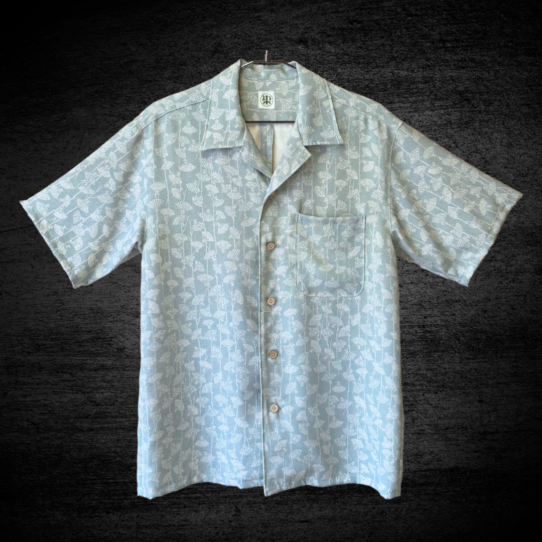 洗える着物のアロハシャツ【正絹】　江戸小紋・扇子　メンズ Mサイズ