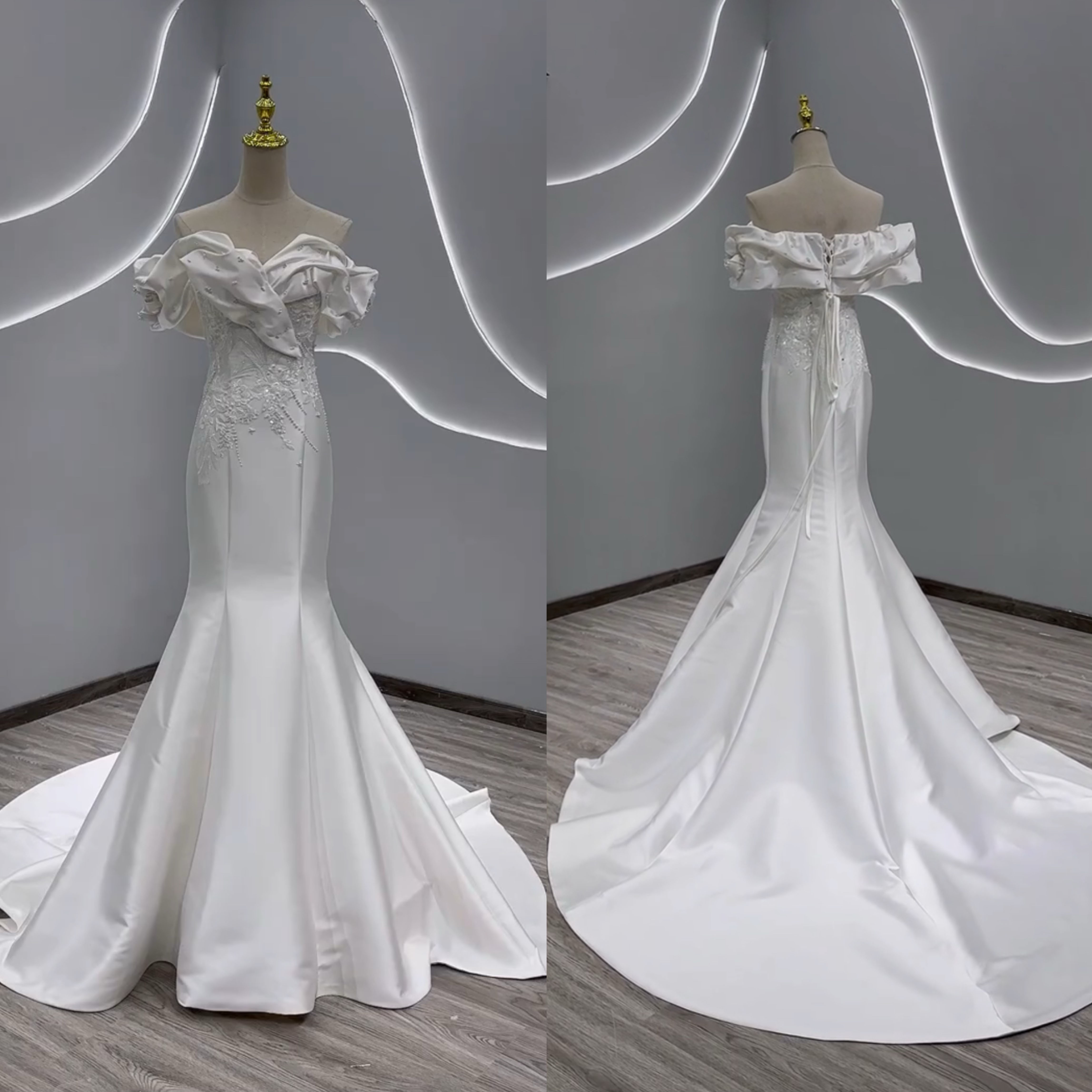 激売れ人気商品　胸フリル　オフショルダー　二の腕を隠せる　オフホワイト　トレーン　マーメイド　ラッフル　お色直しお呼ばれ