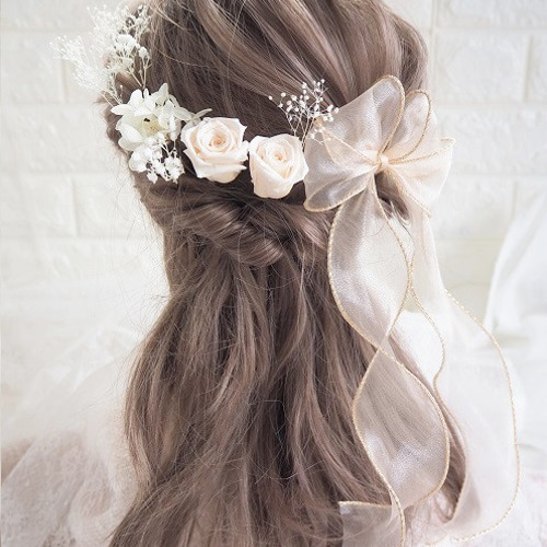 ♡シャンパンホワイトのミニ薔薇＆シャンパンゴールドのオーガンジー