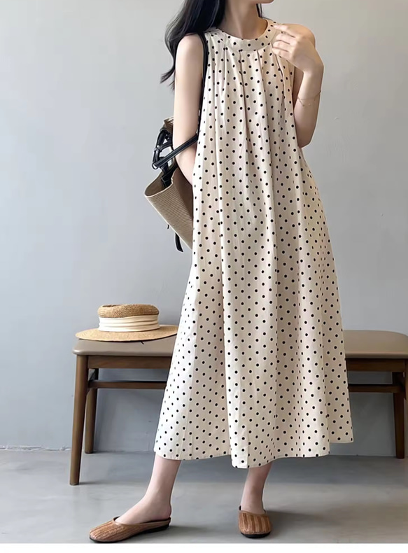 ドット装飾 ノースリーブ ワンピース★2色あり★大人可愛い 上品 wbee8014408_1.jpg