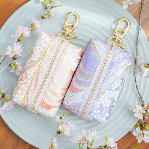 ★JJ⑥★ ハンドメイドポーチ2種 和柄 桜 P216 桜に流水の金襴織物で和風ミニポーチ＊柔らか上品な和モダン＊薄紫・藤