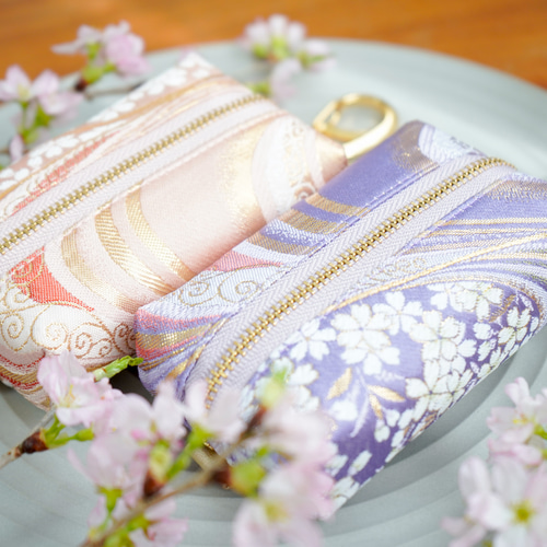 桜に流水の金襴織物で和風ミニポーチ＊柔らか上品な和モダン＊薄紫・藤