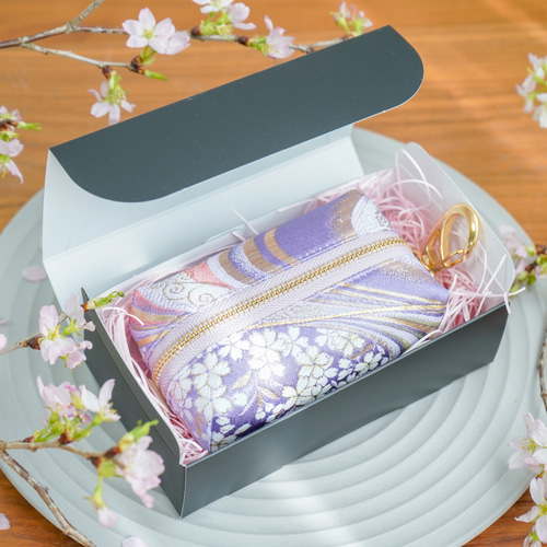 桜に流水の金襴織物で和風ミニポーチ＊柔らか上品な和モダン＊薄紫・藤
