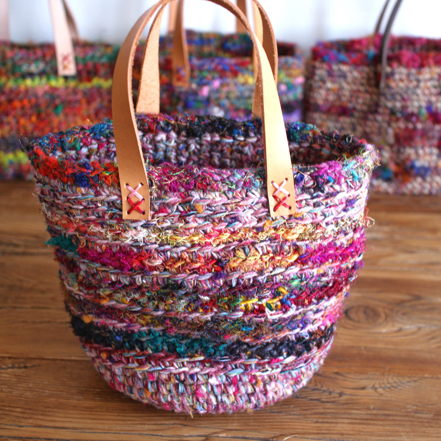 ✧リサイクルシルクとオリジナルミックス糸のかごバッグ✧✧warm colors ✧