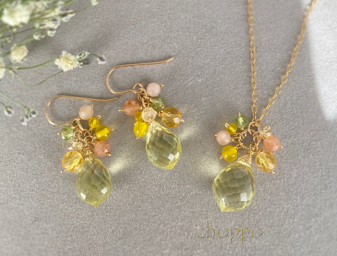 【春の超早割】レモンクォーツのピアス＆ネックレス2点セット　14kgf　ミモザ　母の日　シトリン　ペリドット　春色　黄色