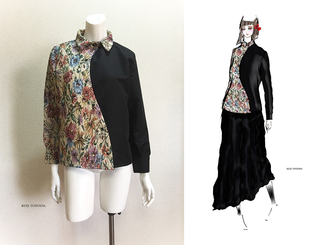 【1点もの・デザイン画付き】ゴブラン織り＆綿系先染めニット生地アシメトリーブラウス（KOJI TOYODA）