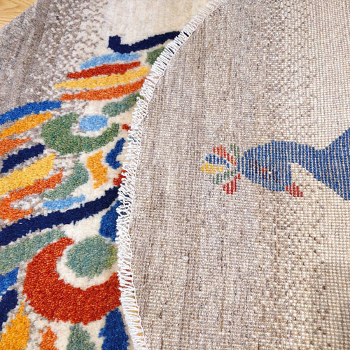 ペルシャ　ギャッベ 120×82 ライトブラウン　孔雀　小判型 ペルシャ ギャッベ ソファ前 楕円形 ラグ 120Φ82cm 孔雀 RJ13296