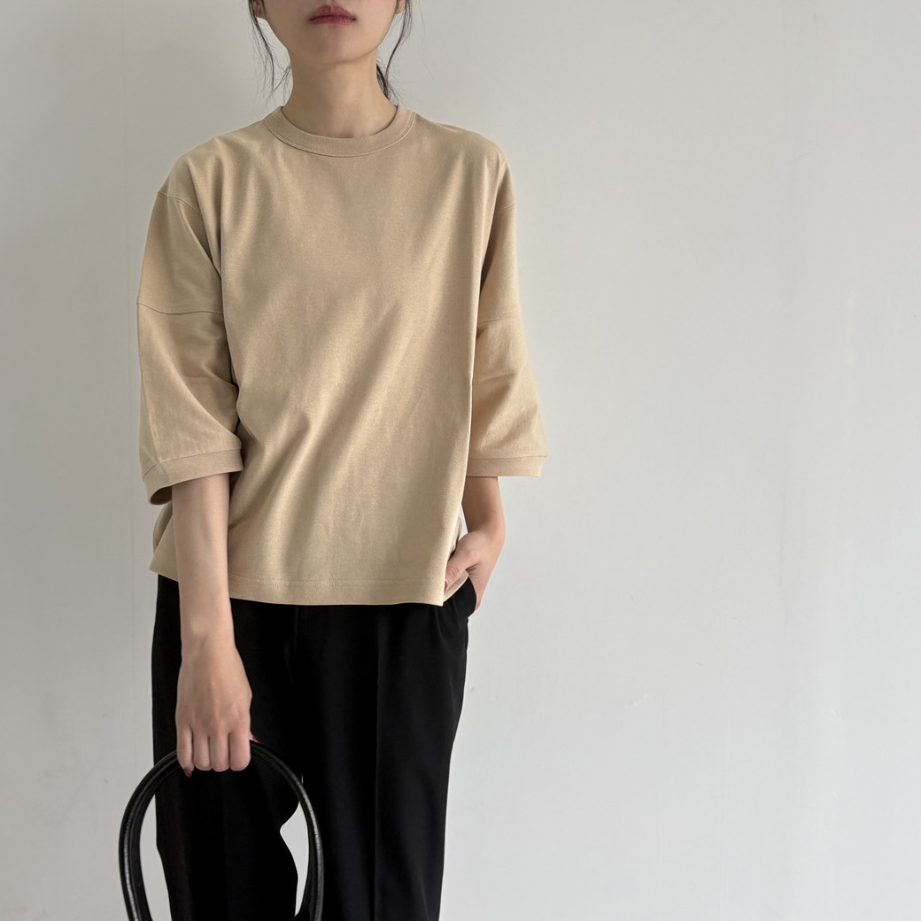 【日本製】USAコットン　ワイドシルエット7分袖 プルオーバー＿ベージュ