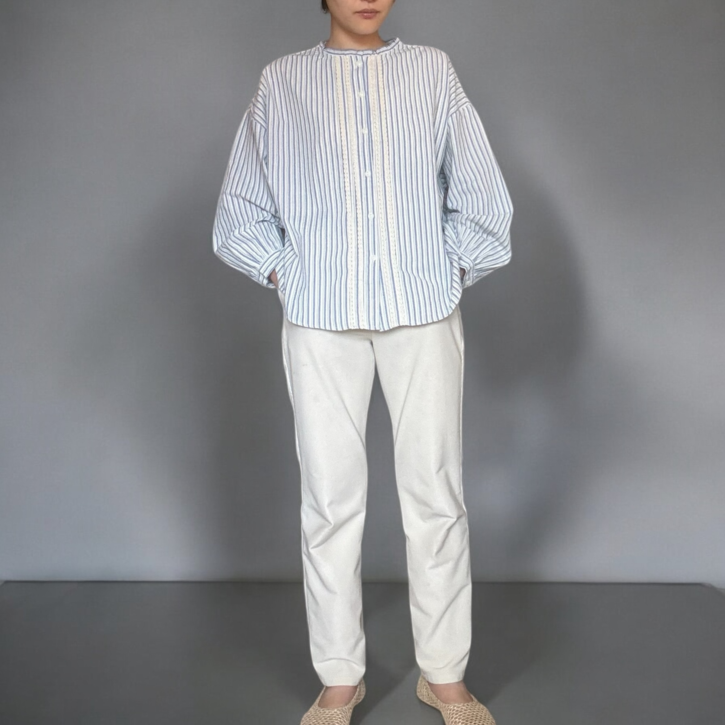 ストライプシャツ　レース　　大人　レディース　春夏　トップス