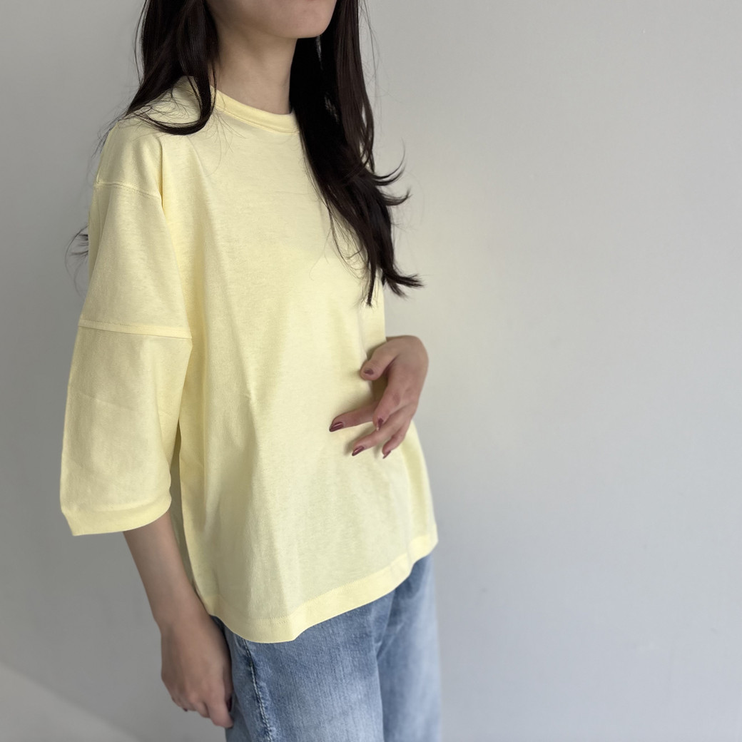 【日本製】USAコットン　ワイドシルエット7分袖 プルオーバー＿イエロー