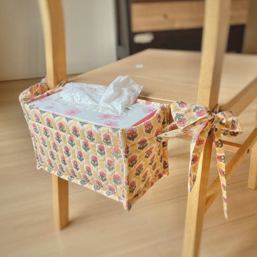 インド/ブロックプリント】d. ふわふわキルトの布バスケット(水色