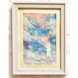 和紙ちぎり絵『シャボン玉を吹く白猫』葉書サイズ原画 切り絵 彩紘工房