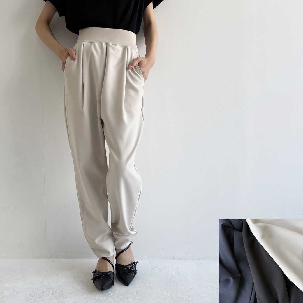【日本製】ダブルクロス＿ウエストゴムワンタックテイパードパンツ（セットアップ対応）＿クリーム