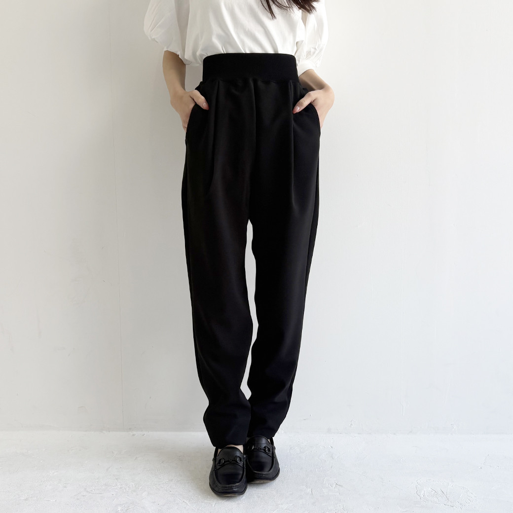【日本製】ダブルクロス＿ウエストゴムワンタックテイパードパンツ（セットアップ対応）ブラック