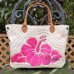 ハワイアンキルト◆トートバッグ◆ハイビスカス&プルメリア◆ハンドメイド ハワイアンキルト ピンクハイビスカスのトートバッグ 受注製作