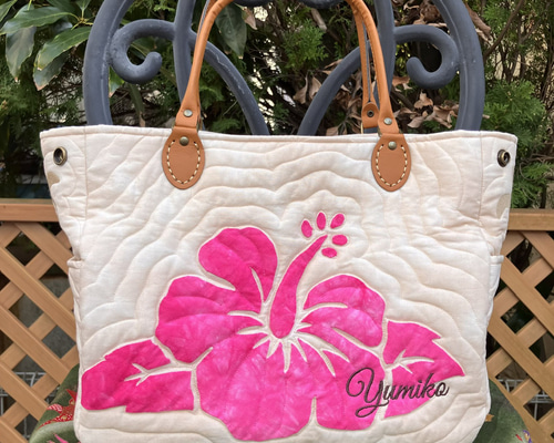 ハワイアンキルト ピンクハイビスカスのトートバッグ 受注製作 トート