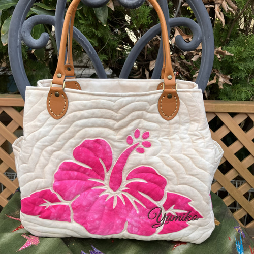 ハワイアンキルト ピンクハイビスカスのトートバッグ 受注製作 トート
