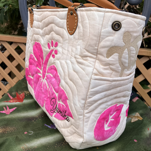 ハワイアンキルト ピンクハイビスカスのトートバッグ 受注製作 トート