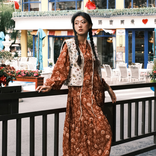 ボヘミアン風ビンテージプリントビッグサイズワンピース (T