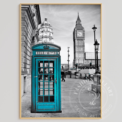 アートポスター ロンドン ビッグベン 電話ボックス モノクロ ブルー