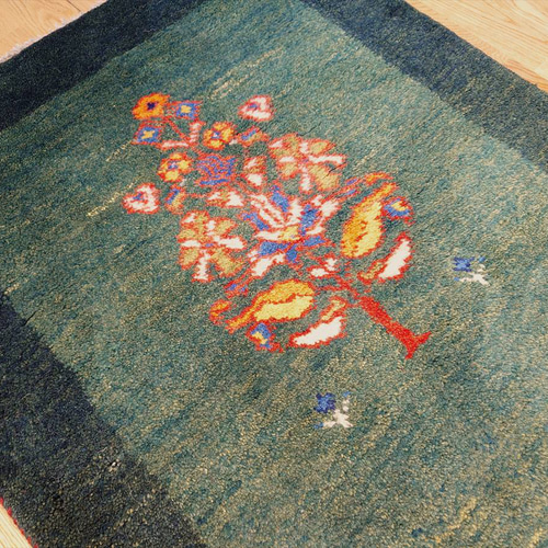 ペルシャ ギャッベ ランナー大 リビング 廊下敷 ラグ 195x70cm 花 緑色