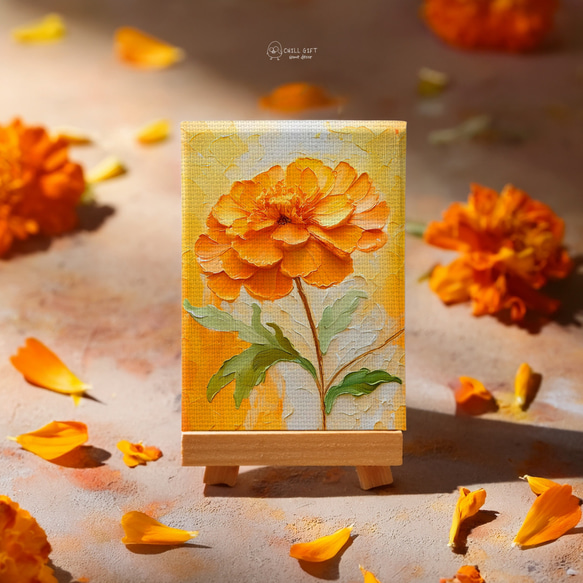 油絵 ミニ絵画【マリーゴールド】 卓上の小さなアトリエ ~ マリーゴールド・イーゼル付き ~ お花 夏～秋