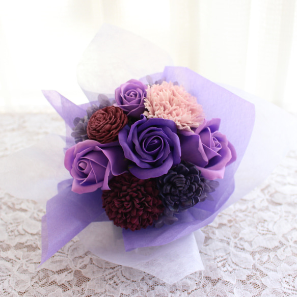 パープルブーケ 紫 古希 プリザーブドフラワー 花束 ソープフラワー