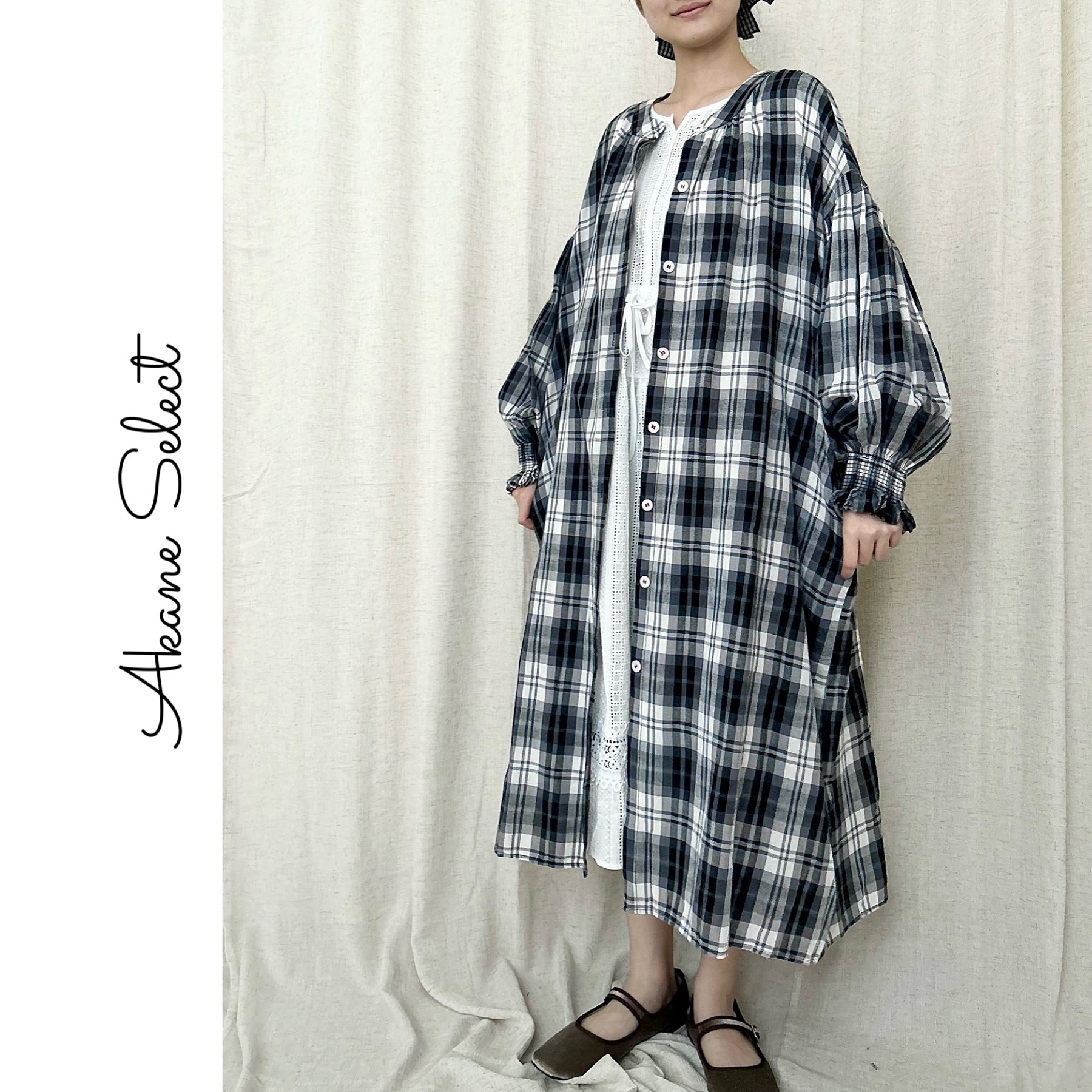 【チェック柄★コットンワンピース】かわいいギャザー│バルーンスリーブ│ボタン止め│カジュアルな森ガール風│O-91LB