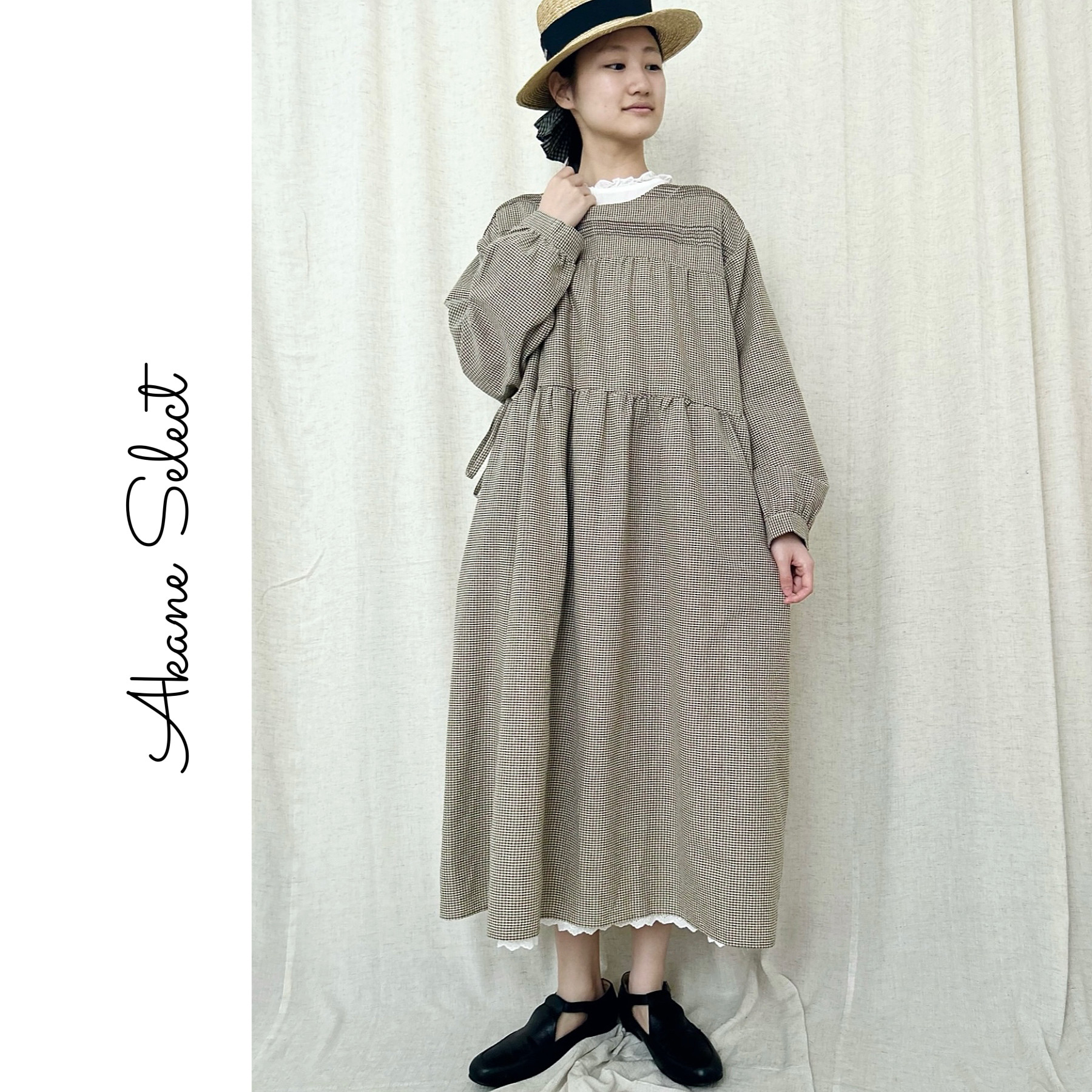 【チェック柄ワンピース★コットン】丸ネック│ウエスト紐│バルーンスリーブ│カジュアルな森ガール風│O-89LB