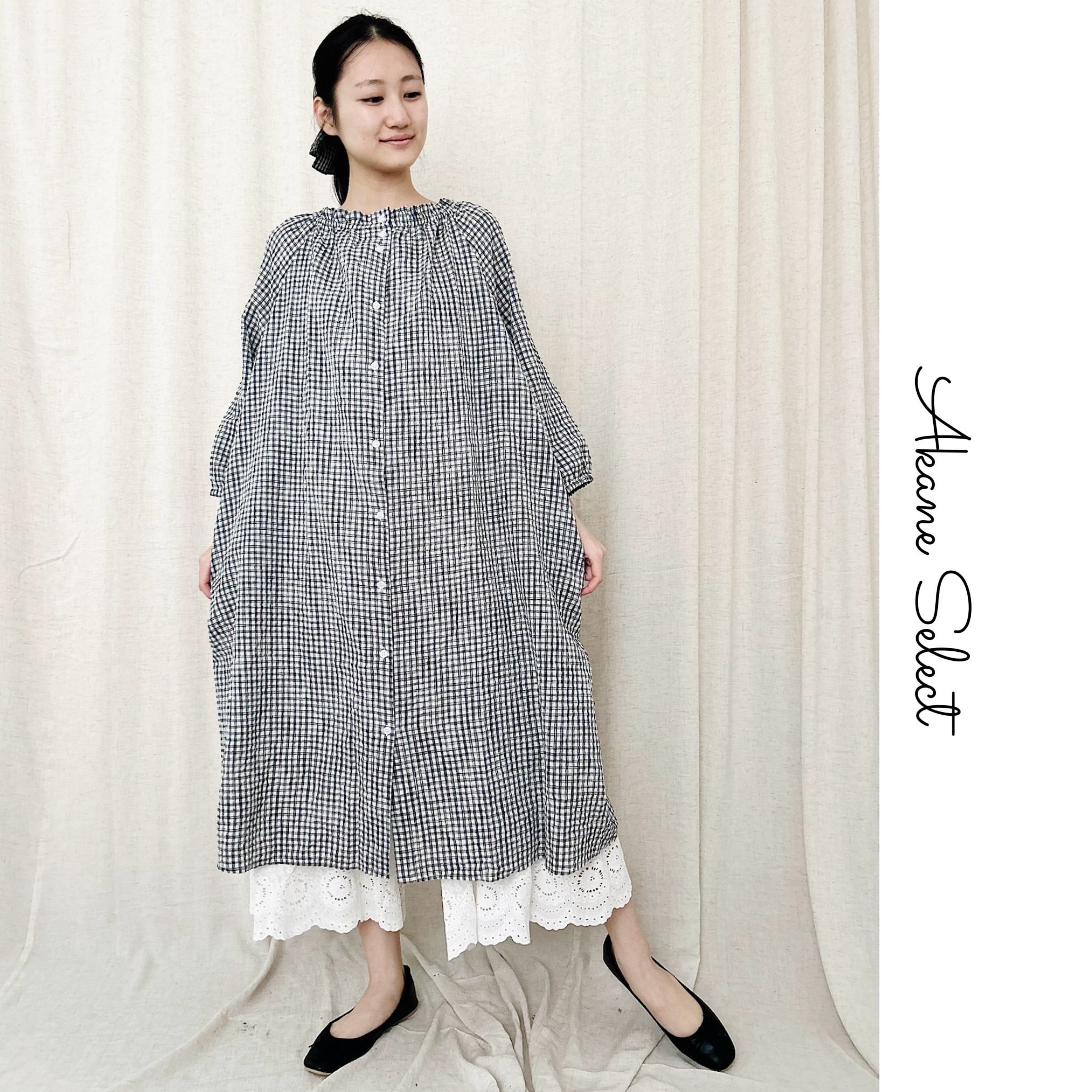 【コットン春ワンピース★チェック柄】丸ネック│８分袖│バルーンスリーブ│ボタン止め│カジュアルな森ガール風│O-87LB