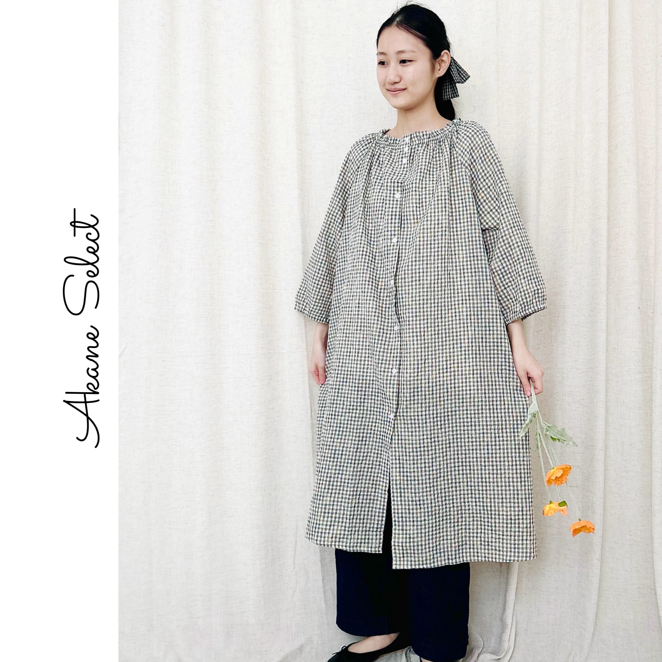 【コットン春ワンピース★チェック柄】丸ネック│８分袖│バルーンスリーブ│ボタン止め│カジュアルな森ガール風│O-87LB